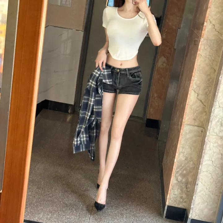 [대박뒷태/XS~L] 🔥오픈특가/엉밑살X🔥 로우 백포켓 레트로 빈티지 워싱 스티치 크랙 흑청 진청데님 청반바지 여름 반바지 페스티발 페스티벌 미니 숏 팬츠 핫팬츠 상세 이미지 13