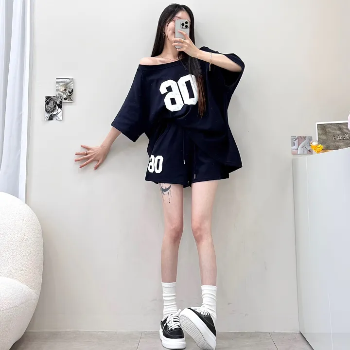 [왕루즈핏/핏대박템] 넘버식스 오버핏 입술넥 언발 오프숄더 반팔 박시 티셔츠+밴딩 하이웨스트 3부 숏팬츠 반바지 트레이닝 세트 투피스 셋업 4color 상세 이미지 22