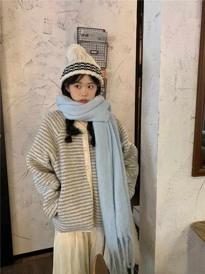 [봄신상💗/누빔안감]크림소다 잔줄 스트라이프 뽀글이 양털 논카라 자켓 상세 이미지 4