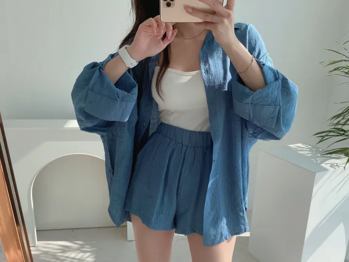 *SET* 【편해요/멋쁨】 오버 루즈핏 린넨 롱셔츠 남방 반바지 투피스 세트 상세 이미지 17