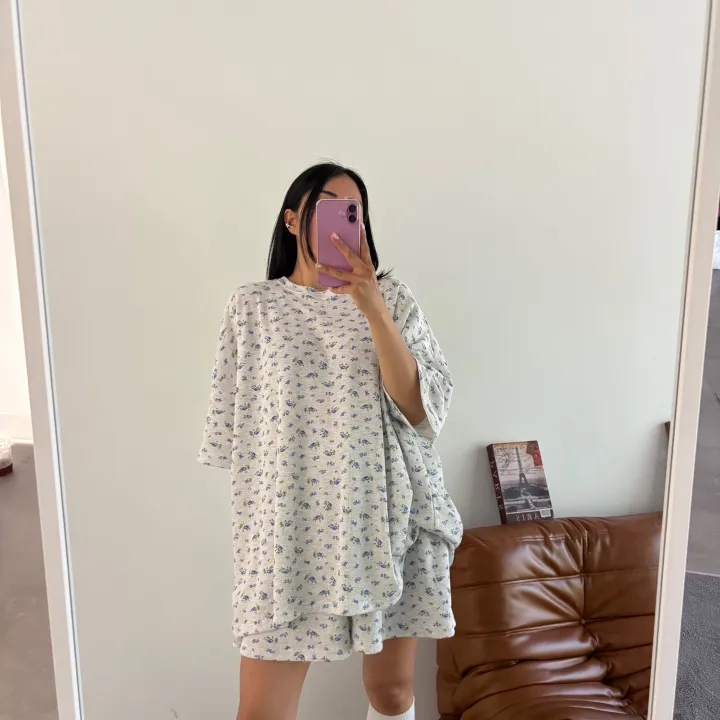 [MD극찬🌸 88,99] 플라워 와플지 투피스 셋업 / 빅사이즈 여름니트 여름세트 바캉스룩 홈웨어 잠옷세트 반바지 오버핏 반팔 여름바지 상세 이미지 10