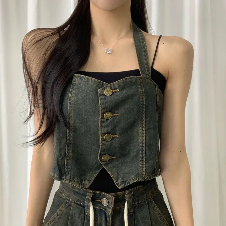 ⁎MADE [코디set/S~L] 치퍼 홀터 데님 크롭 뷔스티에 탑 나시 와이드 롱 생지 워싱 데님 청 팬츠 투피스 세트 <여행룩/힙/빈티지/인생샷!> 상세 이미지 11