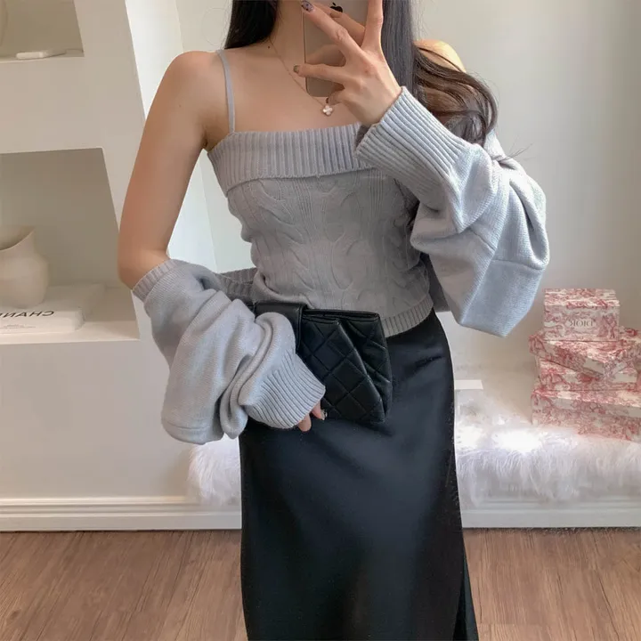 [찐애정템ㅠ고퀄버전*나시볼레로setෆ부유방삭제핏] 빈츠 꽈배기 끈나시 + 루즈핏 긴팔 볼레로 세트 니트 탑 나시 크롭 볼레로 가디건 스판 긴팔 투피스 세트 봄 가을 데일리룩 데이트 상세 이미지 33
