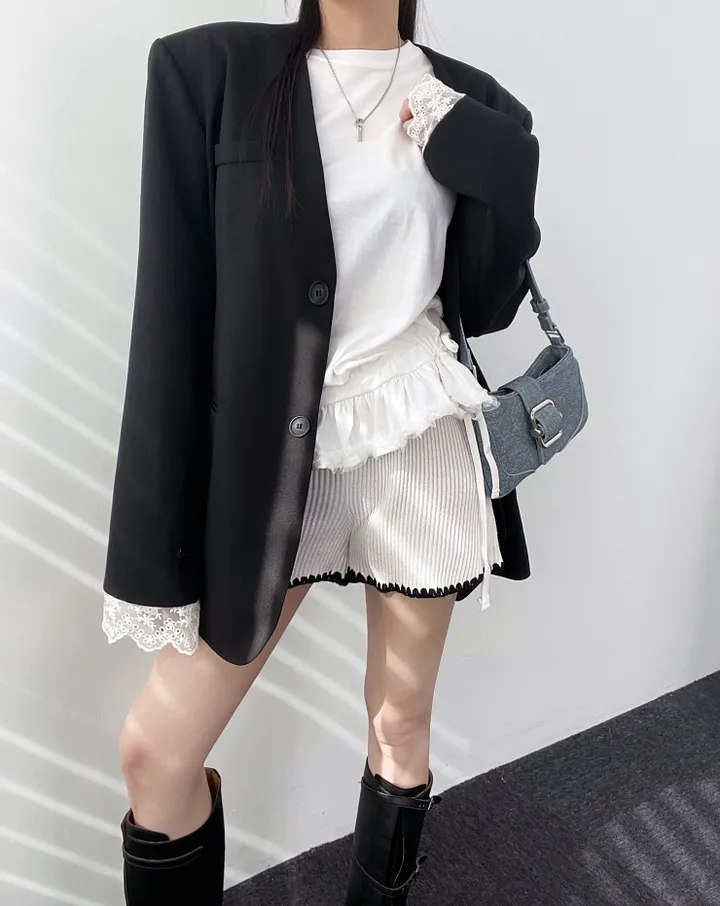 *핏대박레이스자켓* 봄옷 자켓 오버핏 레이어드 레이스 노카라 자켓 박시핏 봄아우터 봄자켓 레이스자켓 상세 이미지 15
