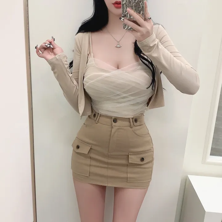 [3COLORS/SET] 더블셔링 레이스 레이어드나시&크롭가디건 세트/버닝블루 상세 이미지 7
