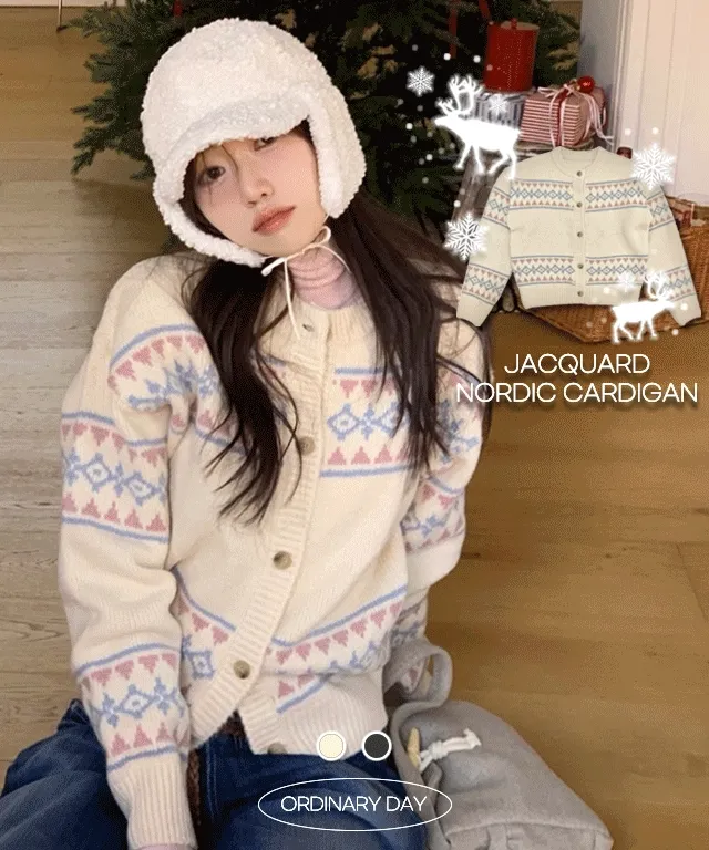 [연말룩❄부드러워요💭]키츠 윈터 노르딕 자가드 파스텔 루즈핏 니트 가디건 2color 상세 이미지 5