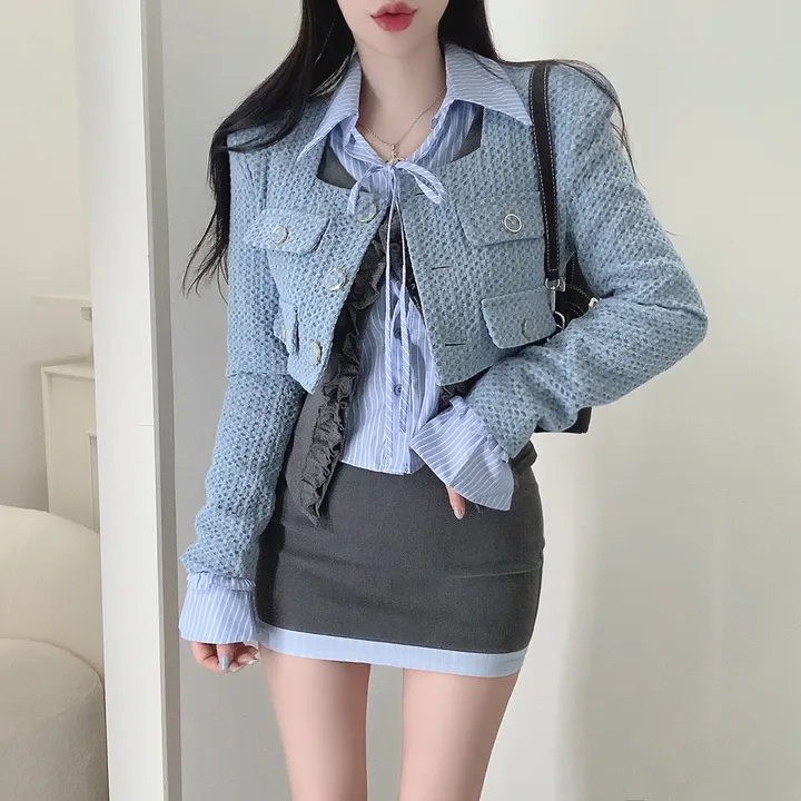 [3COLOR/셔츠일체형] 유닛 스트라이프 셔츠&프릴가디건 레이어드세트/버닝블루 상세 이미지 11