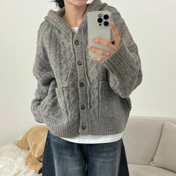[따숩/폭닥] 알파카 겨울 케이블 후드 포켓 루즈핏 가디건 상세 이미지 11