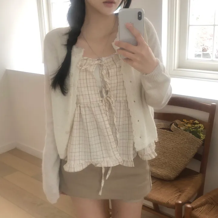 [레이어드템!]러블리 체크 리본 뷔스티에 나시 블라우스 2color 상세 이미지 18