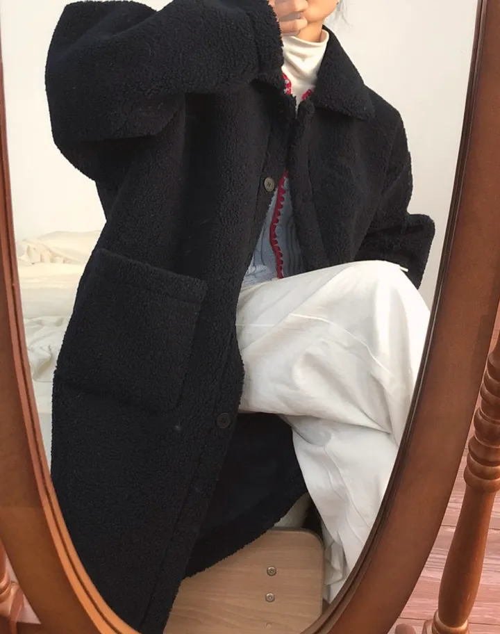 따뜻❤️뽀글이 털코트 겨울 카라 오버핏 롱코트 상세 이미지 14