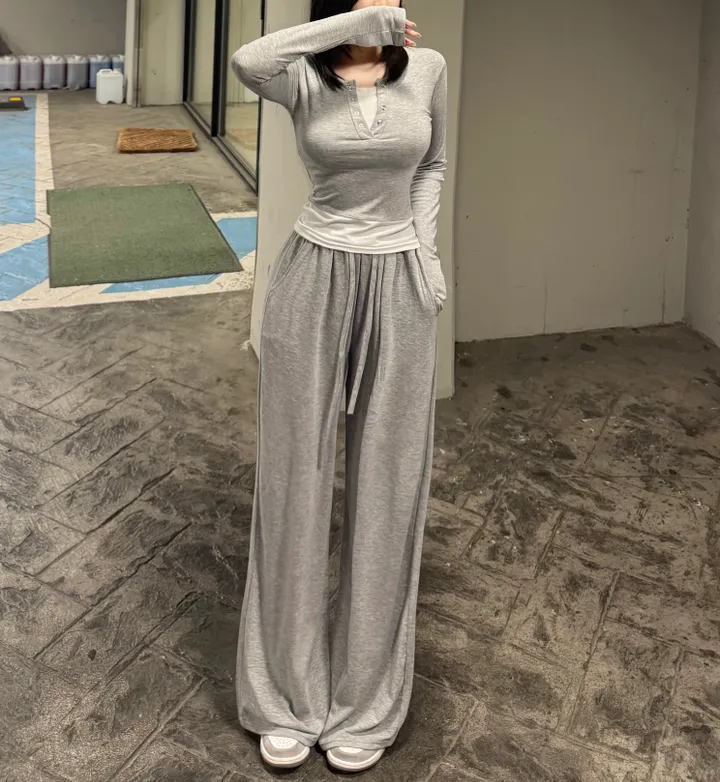 [시원찰랑💕/세트가격] 배색 레이어드 티셔츠 찰랑 와이드팬츠 세트 상세 이미지 3