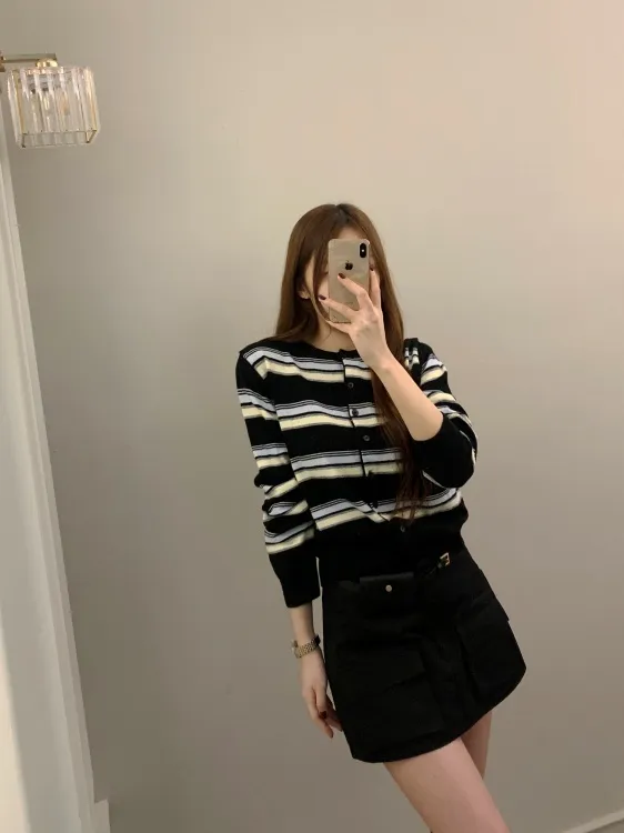 *캐시미어*오리온 비비드 배색 스트라이프 단가라 나트 캐주얼 데일리 가디건 3color 상세 이미지 3