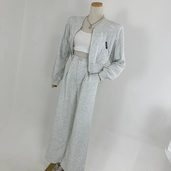 [패드내장/데일리/캐주얼/세트가격/봄투피스💞] 루즈핏 포켓 미니패치 패드 크롭 쭈리 투웨이 집업 + 하이 뒷밴딩 핀턱 롱 슬랙스 와이드팬츠 SET (3COLOR) 상세 이미지 9