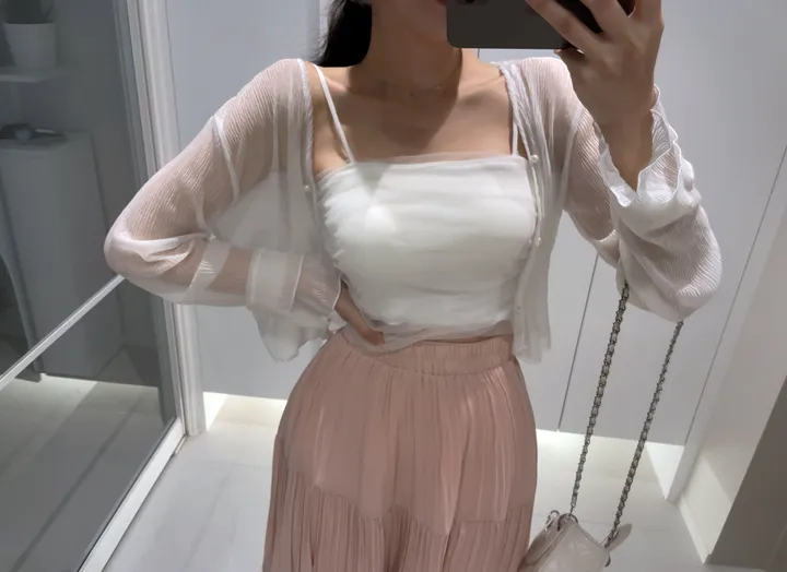 [청순여리핏💖/최저가] 체형커버 봄 여름 쉬폰 셔링 망사 끈나시 탑 + 진주단추 시스루 플리츠 요루 크롭 루루 가디건 세트 슬림핏가디건 여름나시가디건세트 상세 이미지 4