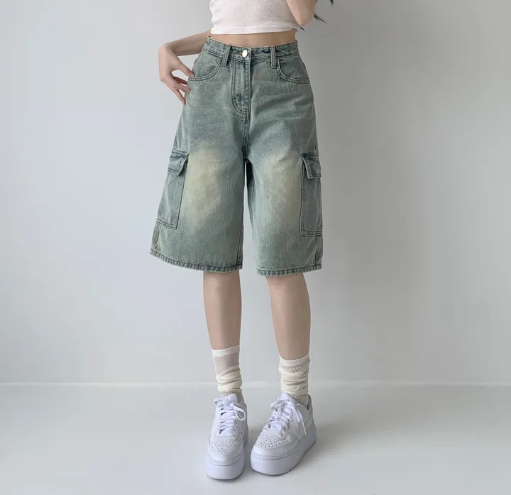 후기극찬![핏보장❤︎/힙무드/~XL] 이브닝 빈티지 힙 워싱 하이웨스트 와이드 카고 하프 버뮤다 5부 청 반바지 데님 팬츠 빅사이즈 상세 이미지 25