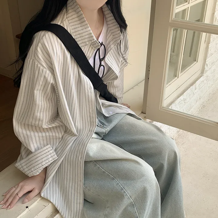 [여리여리~한여름까지✨] 린넨 오버핏 스트라이프 힙덮는 긴팔셔츠 레이어드 남방 꾸안꾸 캠퍼스룩 빅사이즈 상세 이미지 5