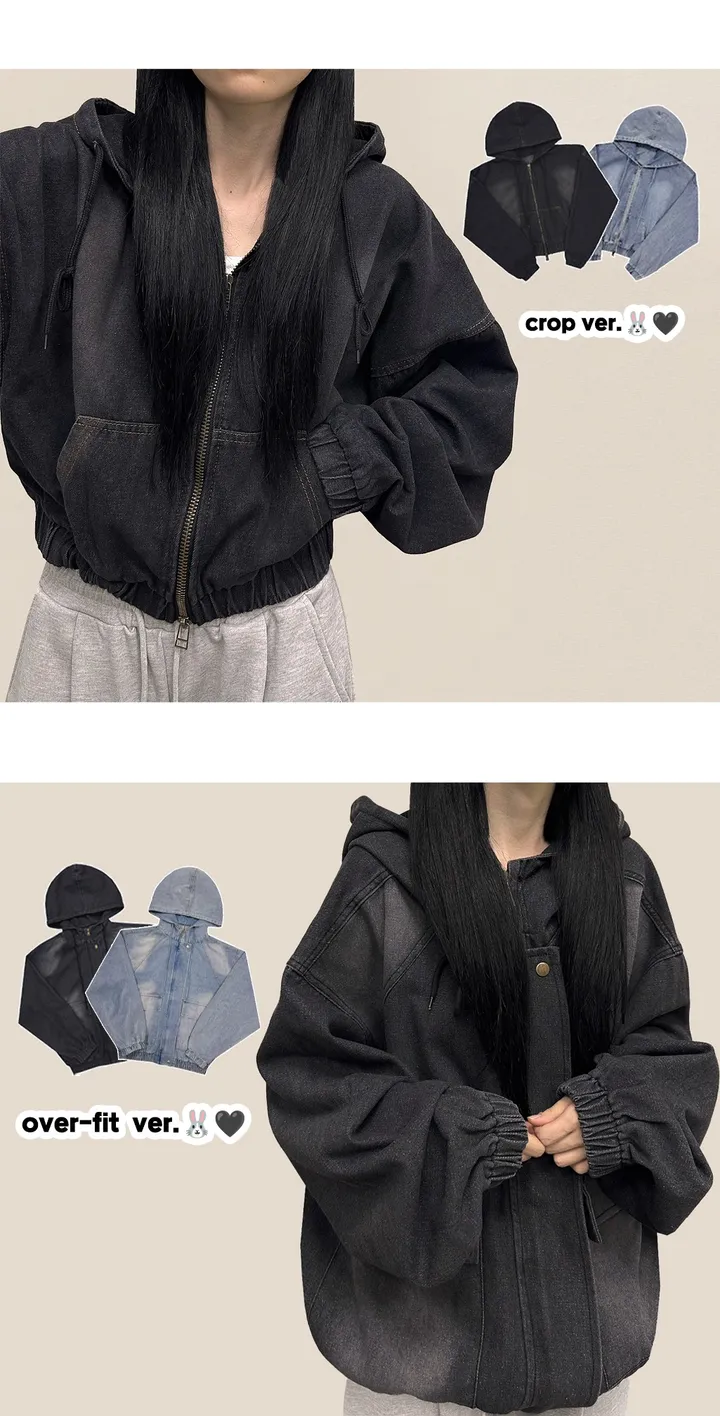 두가지버전🐰 [단독기획!] 포린 빈티지 데님 후드 투웨이 크롭/오버핏 자켓 간절기 점퍼 빅사이즈 아우터 루즈핏 오버핏 상세 이미지 4