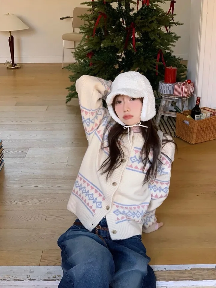 [연말룩❄부드러워요💭]키츠 윈터 노르딕 자가드 파스텔 루즈핏 니트 가디건 2color 상세 이미지 26