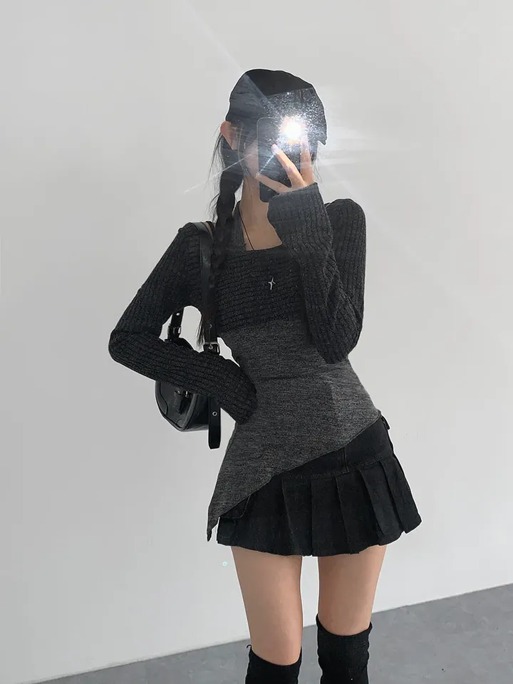 [레이어드세트/몸매보정핏! 뒷모습도완벽🖤 슬림핏 홀터나시 긴팔크롭티 레이어드세트] 리엘사선홀터나시SET 상세 이미지 16