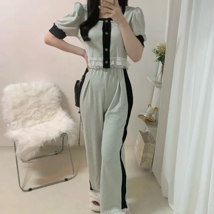 [세트/핏대박*.*] 세렌디 퍼프 스퀘어넥 반팔 크롭 배색 레이스 가디건 + 밴딩 롱 핀턱 와이드 팬츠 투피스 세트 2color 상세 이미지 15