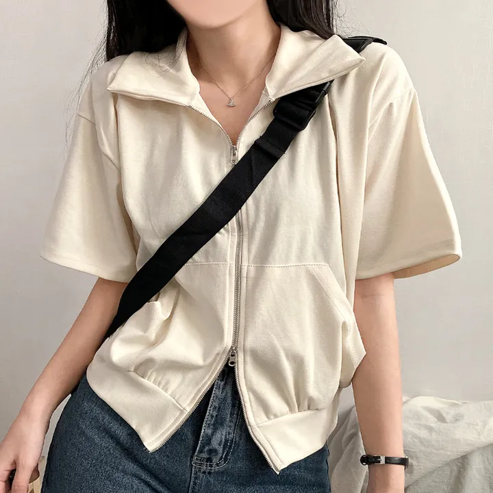[여름/예쁜데일리!] 볼륨 카라 투웨이 무지 크롭집업 반팔 3color 상세 이미지 4