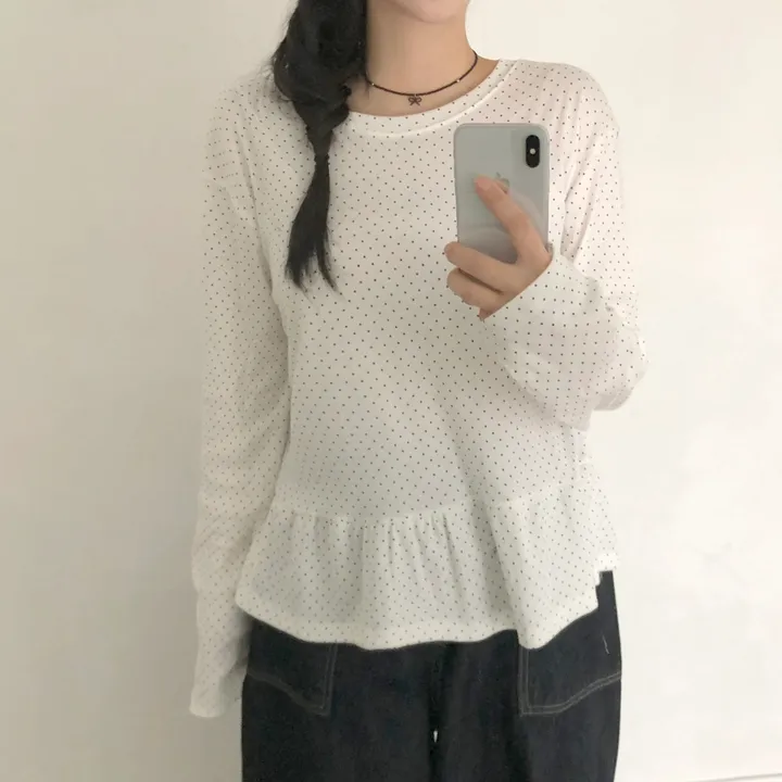 [레이어드템💭]도트 땡땡이 프릴 캉캉 레이어드 라운드넥 긴팔티 3color 상세 이미지 15