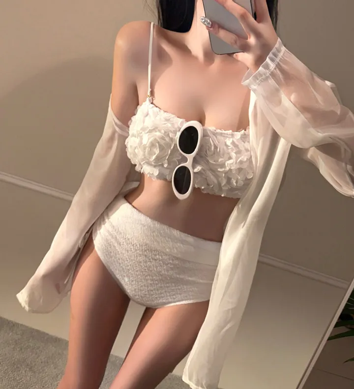 [최저가!!/리얼핏보장/셔츠set] 셔링 뱃살커버 하이웨스트 리본 커버업 웨딩 꽃 크롭 나시 탑 시스루 롱 셔츠 가디건 세트 3pcs 휴양지룩 비키니 모노키니 수영복 해외여행 상세 이미지 8