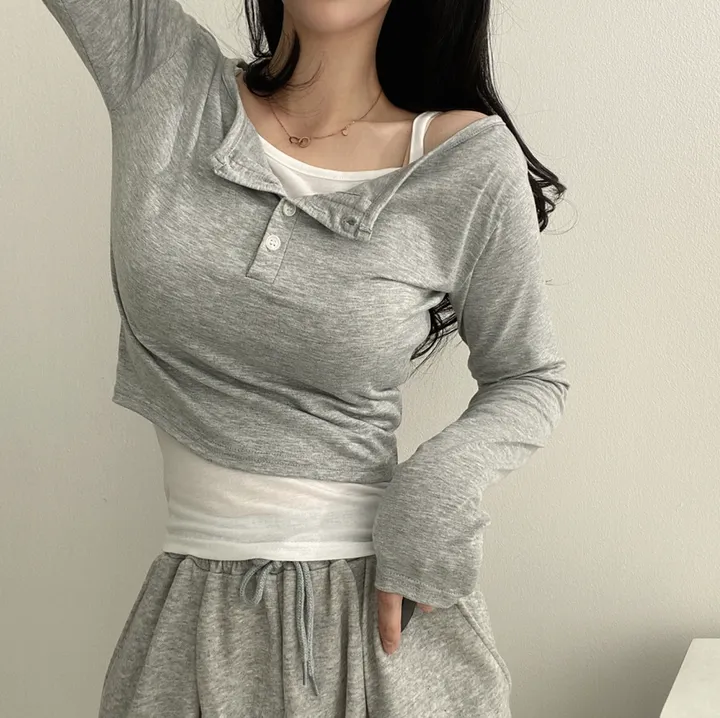 [2set/나시포함!] 단추 크롭 긴팔 세트 3color 상세 이미지 14