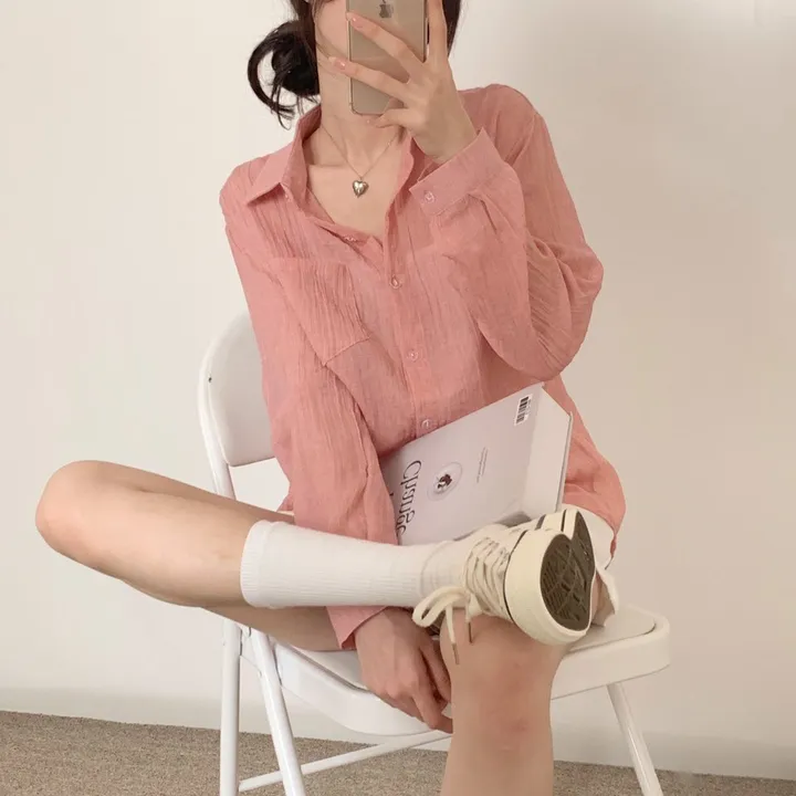 [16 color/루즈핏] 아론 시스루 거즈 남방 / 긴팔 여리여리 살랑살랑 링클 롤업 파스텔 바캉스 휴가 피크닉 나들이 간절기 여름긴팔 베이직 상세 이미지 6