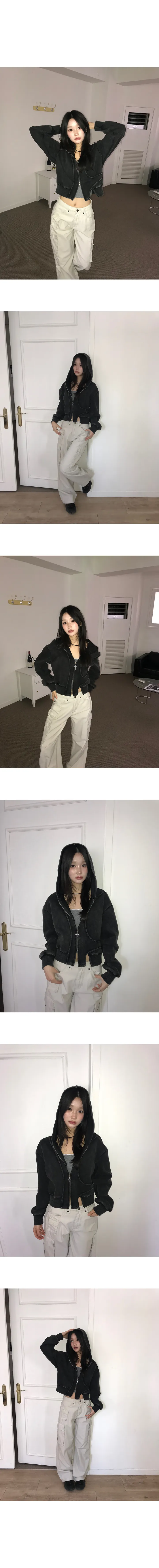 [유니크힙🖤/코디추천!] 클루 피그먼트 워싱 절개 크롭 후드집업 상세 이미지 5