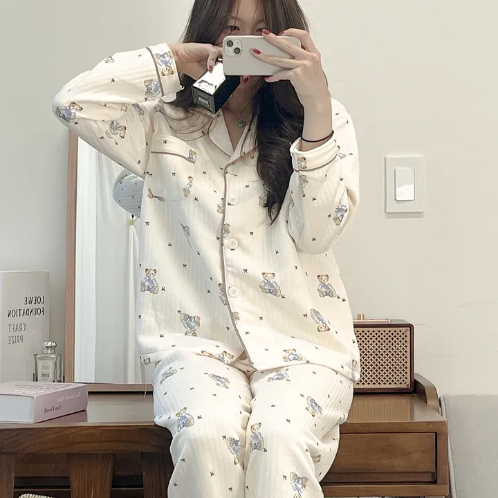 [New레이스 누빔] 귀여워 베이비 곰돌이 누빔 베이지 아이보리 테디베어 포켓 셔츠 겨울 긴팔 파자마 잠옷 세트 #B.Night #3049 상세 이미지 14