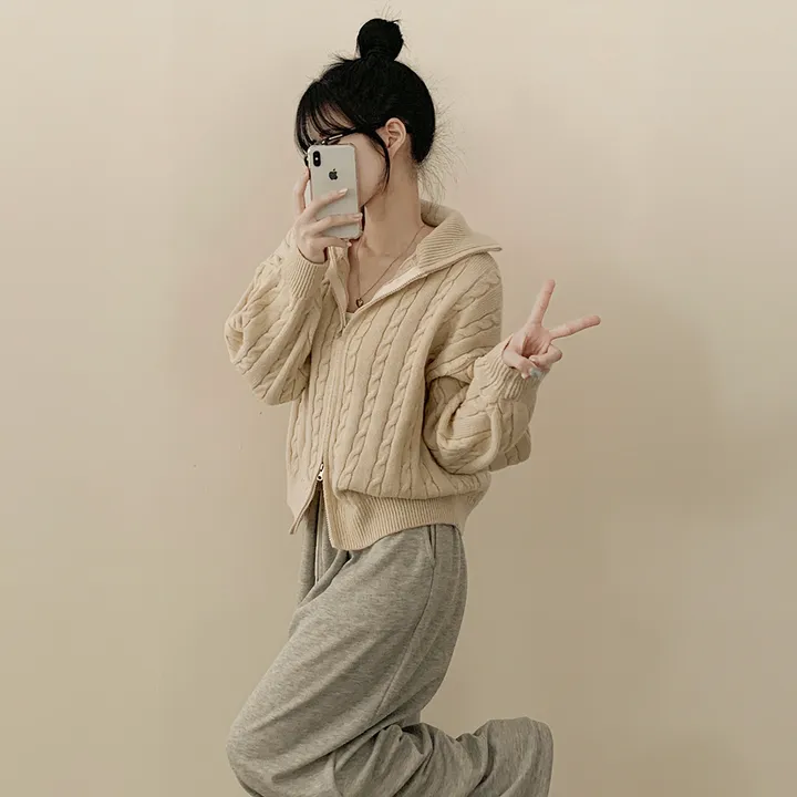 [따뜻!겨울까지~] 투웨이 도톰 케이블 하이넥 꽈배기 오버핏 니트 집업자켓 가디건 상세 이미지 7