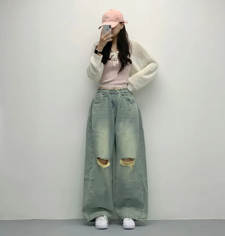 당일🚀[숏,롱/~XL/찐인생바지] 슬릿 찢청 폴딩 빈티지워싱 벌룬핏 옆핀턱 와이드팬츠 무릎트임 데님 청바지 기장선택 빅사이즈까지 오버핏팬츠 여름청바지 상세 이미지 40