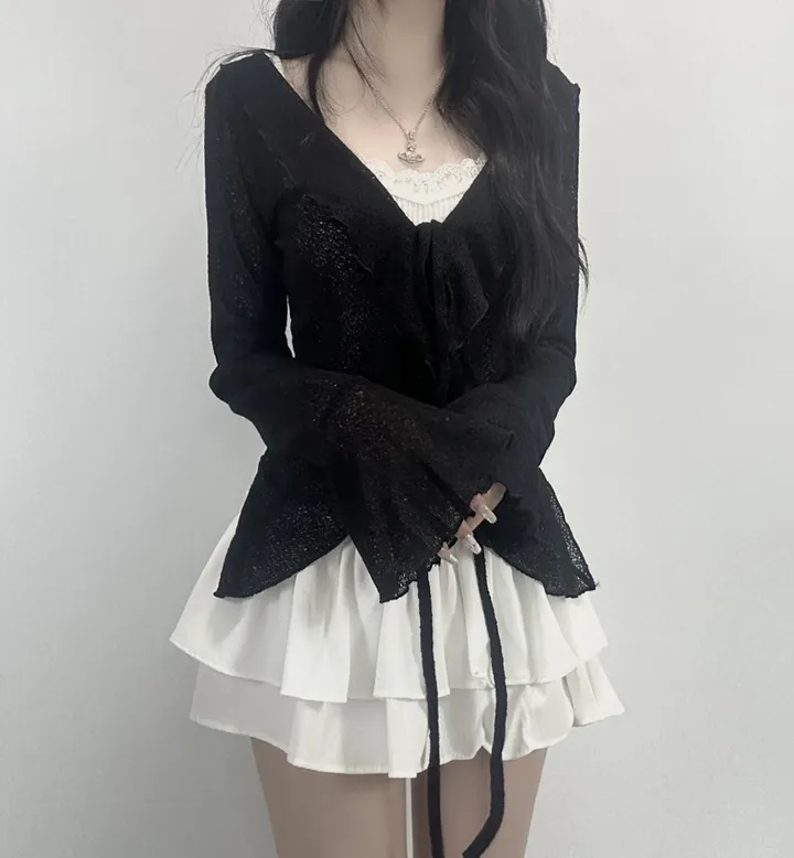 ruffle ribbon lace cardigan 러플 리본 레이스 가디건 (봄가디건, 러블리, 프릴, 니트가디건, 슬림핏, 여리여리) 상세 이미지 25