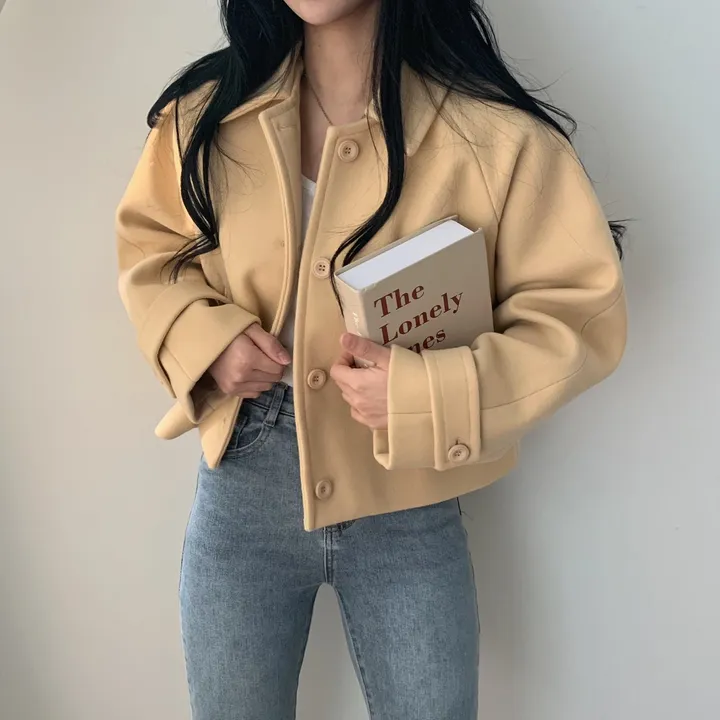 봄가을 크롭재킷 오버핏 아이보리 블랙 싱글버튼 숏코트 상세 이미지 25