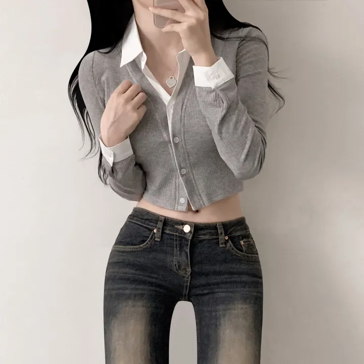 [일체형/하이틴무드] 하이틴 영화 여주인공 골지 가디건 + 크롭셔츠 일체형 레이어드 긴팔 티셔츠 상세 이미지 5