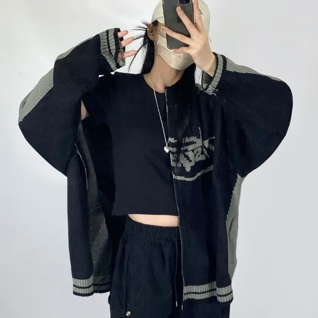 [~3XL] 빈티지 힙무드 박시니트집업💝 배색 나그랑 스트릿/투웨이 남녀공용 커플 빅사이즈 [4070] 상세 이미지 8