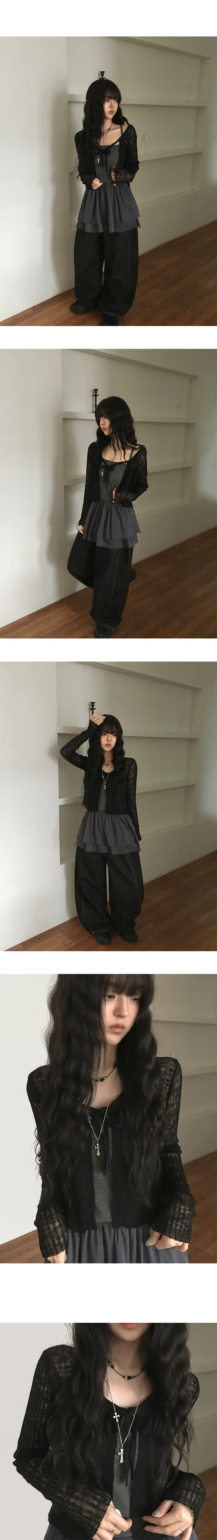 [여름까지/살안타템🖤] 루미 펀칭 시스루 여리 리본 레이스 레이어드 크롭 긴팔 가디건 4color 상세 이미지 7
