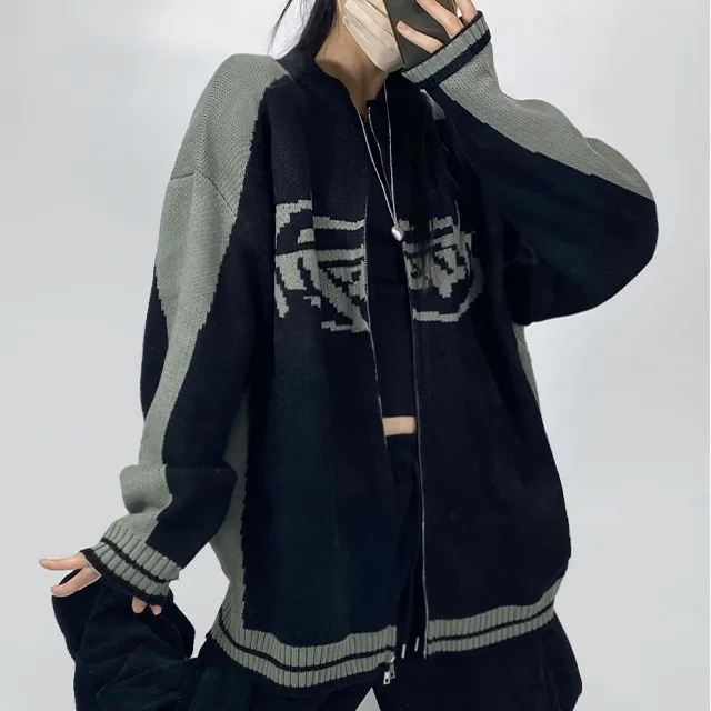[~3XL] 빈티지 힙무드 박시니트집업💝 배색 나그랑 스트릿/투웨이 남녀공용 커플 빅사이즈 [4070] 상세 이미지 10
