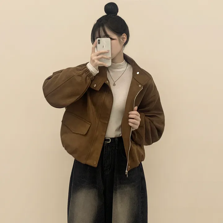 [아방핏!/부드러움] 스웨이드 하이넥 크롭 벌룬 숏자켓 점퍼 상세 이미지 4