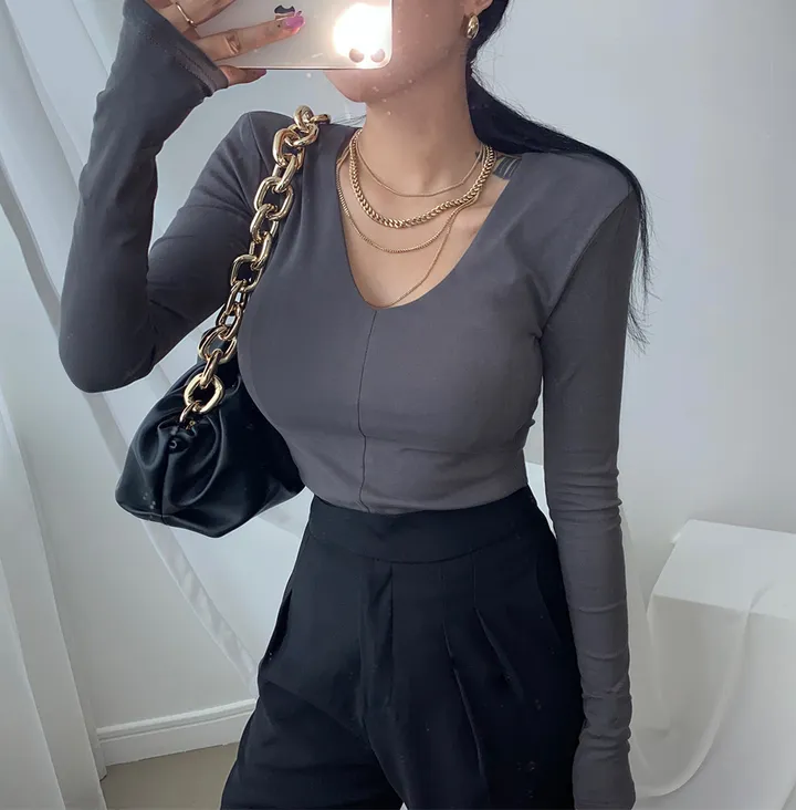 패드 브이넥 스판 절개 슬림 티셔츠 상세 이미지 28