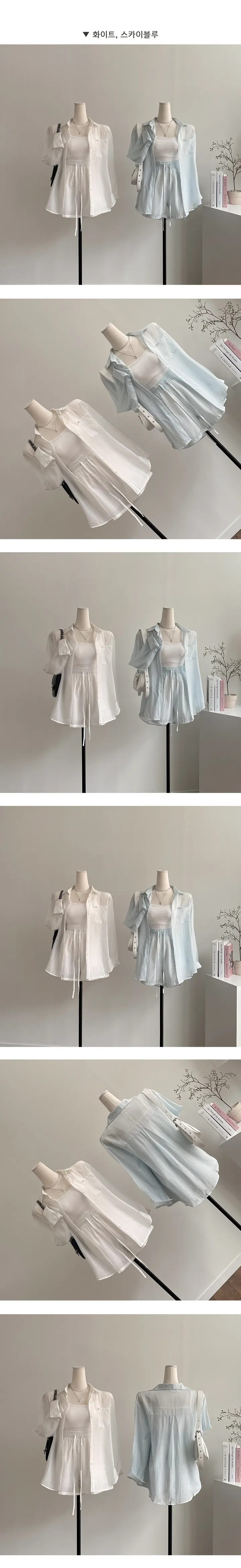 [2pc/세트가격!/페미닌/하이틴] 링클 오버핏 여름남방 셔츠 + 밴딩 반바지 투피스 셋업 (3color) 바캉스룩/휴양지룩/여행지룩 상세 이미지 3