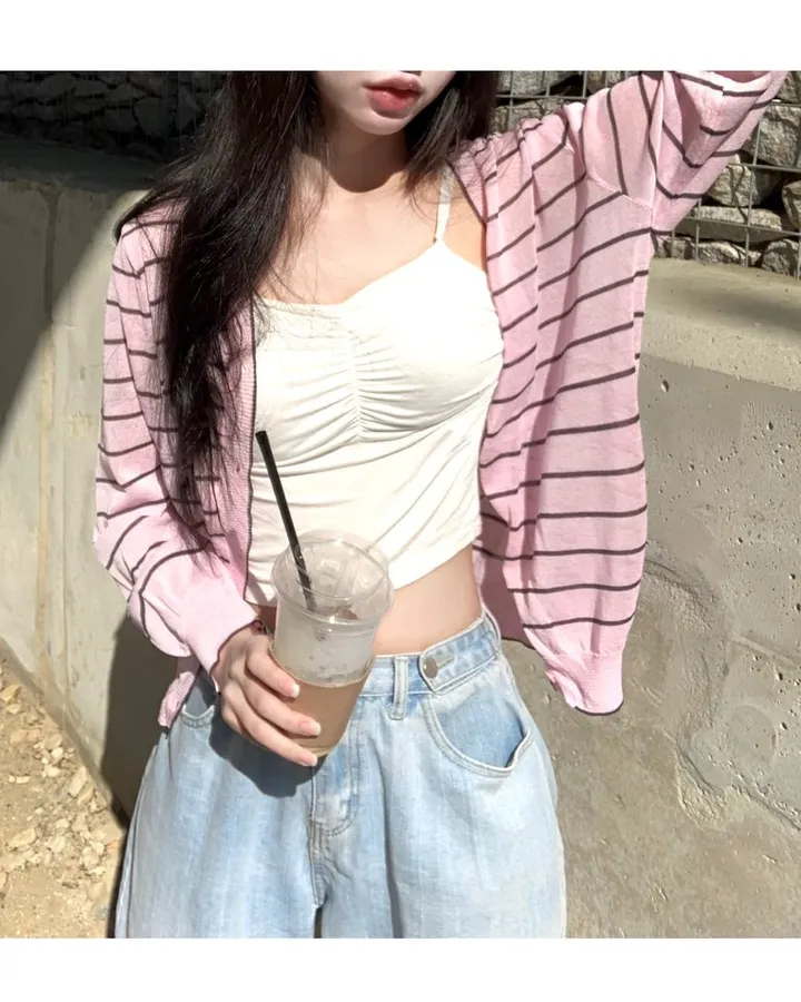 🍓크림딸기 스트라이프 단가라 여름 시스루 가디건 -4col 상세 이미지 10
