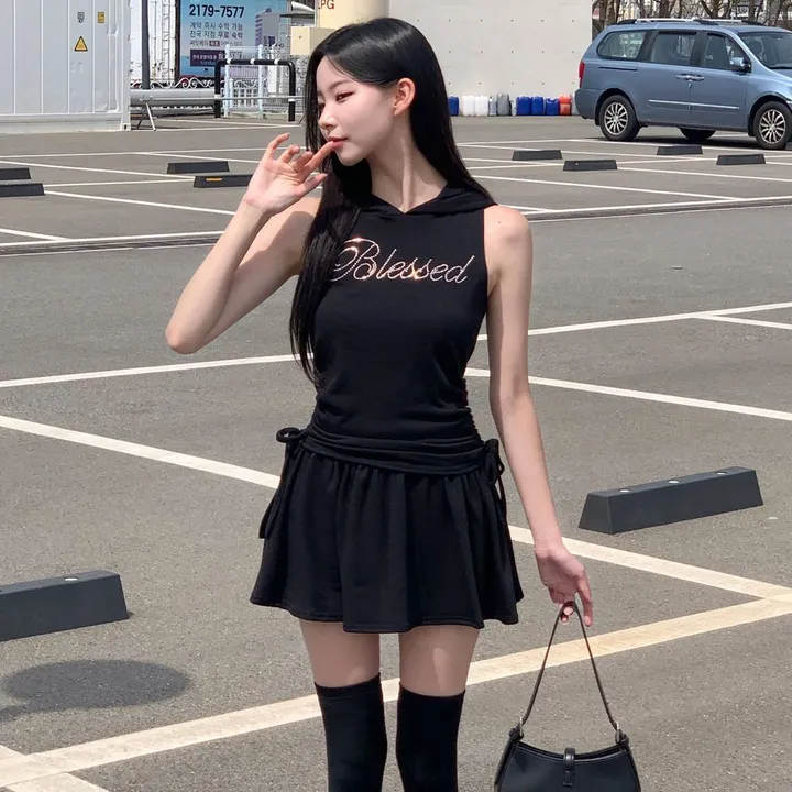 [유니크🖤] 미니 후드 세트 / 후드티 반팔티 투피스 치마바지 플레어 플리츠 레이어드 스커트 민소매 오프숄더 여름반팔 셔링 크롭티 크롭반팔 미니스커트 캉캉치마 캉캉스커트 블랙 상세 이미지 17