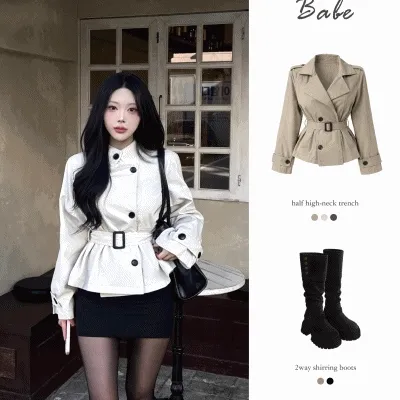 [최저가보장!!/핏대박] 하프 하이넥 2way 카라 아방 슬림 글램핏 더블 버튼 포인트 벨트 트렌치 숏 자켓 가을 겨울 간절기 아우터 신상 페미닌 하객룩 세련 여친룩 데이트 야상