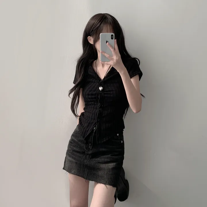 *주문대박* [HIP/코디세트] 골지 카라 셔링 반팔 니트 가디건+흑청 데님 미니스커트 투피스 코디세트 상세 이미지 12