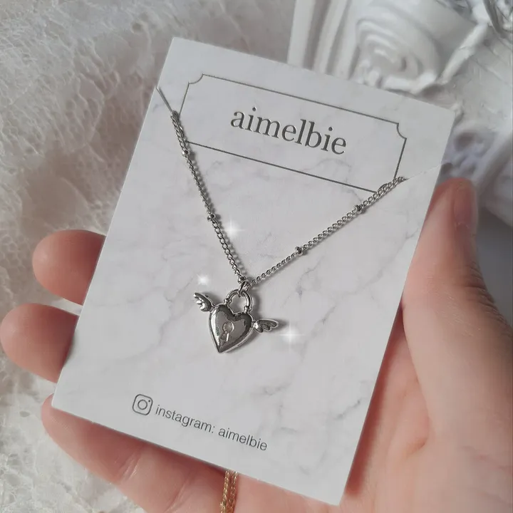 [츄, 조유리 착용] Angelic Heart Lock 엔젤 하트 자물쇠 큐빅 초커 레이어드 목걸이 - 실버 컬러 상세 이미지 7