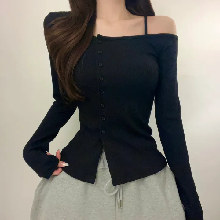 [청순섹시/쫀쫀] 원 오프숄더 사선 골지 버튼 가디건 긴팔티 (3color) 상세 이미지 4