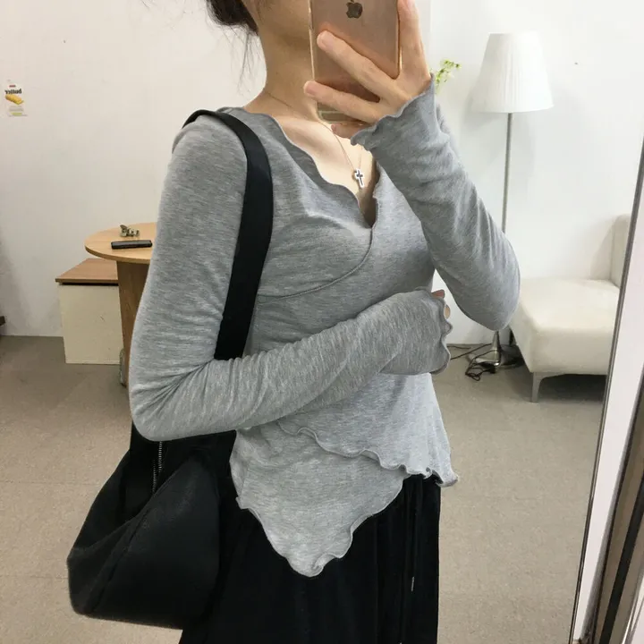 スリムロングスリーブアシンメトリーウェーブTシャツ