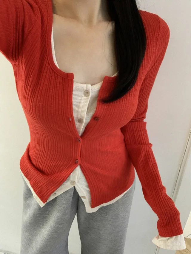 시선 골지 레이어드 배색 단추 가디건 티셔츠4color 상세 이미지 45